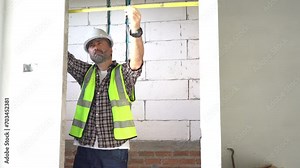 Senior architect or civil engineer using tape measure measuring to inspection wall and door at construction site. building project