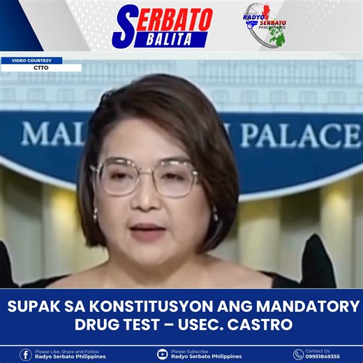 3.8K views · 130 reactions | PAMINAWA | SUPAK SA KONSTITUSYON ANG MANDATORY DRUG TEST – USEC. CASTRO Giklaro ni Usec. Claire Castro nga bawal sa Konstitusyon ang mandatory drug testing, nga sukwahi sa ipanukala ni Sen. Robin Padilla nga himuong obligado alang sa mga opisyales. | Radyo Serbato Philippines | Facebook