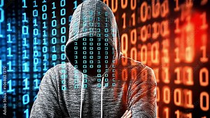 An anonymous hacker in a hoodie stands in front of a binary code background. The hacker's face is obscured by a digital overlay.