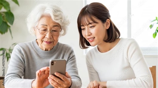 老人にスマホの操作方法を教える若い女性