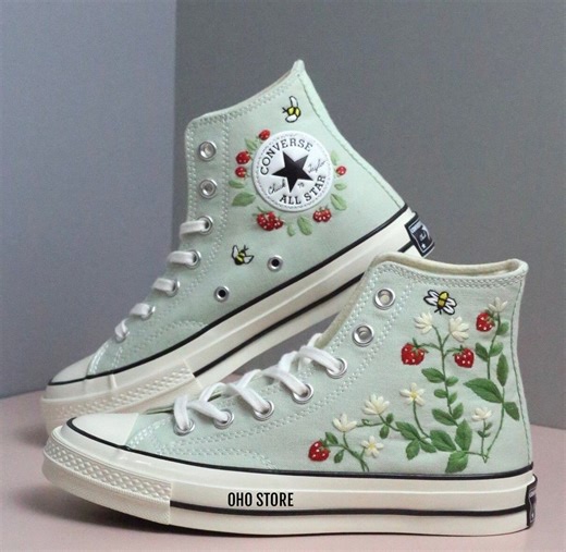 Embroidered Strawberry Converse: Sage Green High Tops, Handmade Bee Sneakers - Etsy