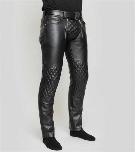 Men's Genuine Black Leather Biker Pants – Quilted Diamond Stitching, Slim Fit Motorcycle Trousers With Dual Front Zippers - Etsy