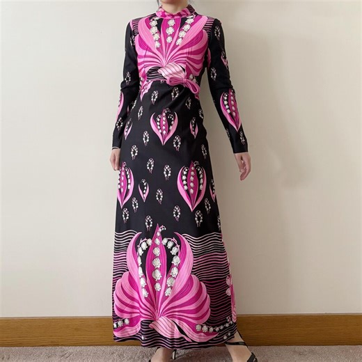 Vintage Dress Maxi Dress Long Dress 60s 70s Retro Vintage Style Black Pink Floral Lily of the Valley Hippie Boho Prairie Style Size S - Etsy