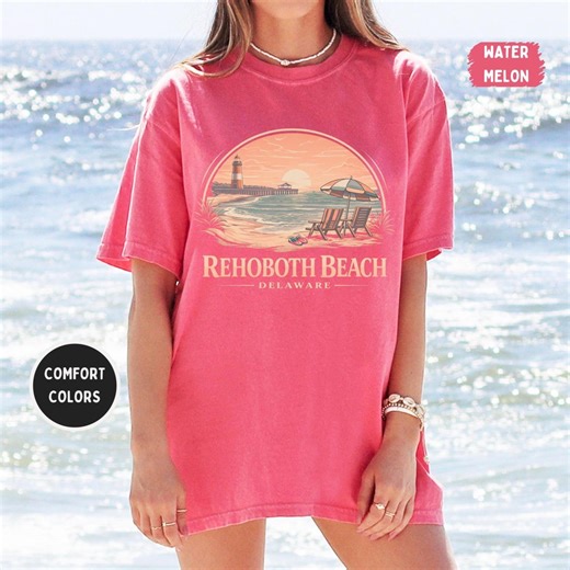 Vintage Rehoboth Beach Sunset Comfort Colors T-shirt | Retro Coastal Lighthouse Scene, Delaware - Etsy