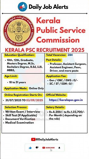 Kerala PSC Recruitment 2025 | New Vacancy 2025 | Daily Job Alerts #shorts