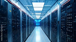 Modern server room with various hubs, racks, glowing blue panels. Development of IT technologies and crypto mining