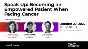5.1K views · 261 reactions | Watch our Facebook Live now! Listen as FORCE founder Sue Friedman and Oncotype DX® patient ambassador Punita K. talk about why advocating for yourself while navigating cancer matters and how genomic and genetic tests can help. | Exact Sciences | Facebook