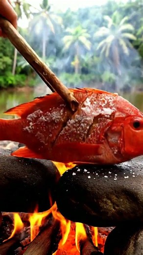 ASMR Bakar Ikan di Atas Batu. Suara Api & Garamnya Bikin Tenang! #ASMRIndonesia #PrimitiveCooking
