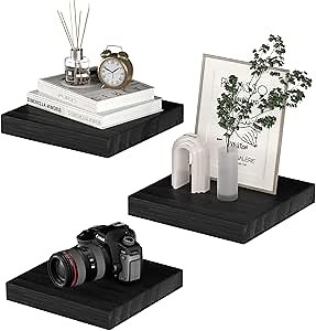 PopiShelves Small Floating Shelves for Wall - 9 Inch Square Black Shelves for Bedroom, Living Room, Bathroom, Kitchen, Office Decor Set of 3