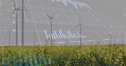 Wind turbines in field with data charts and graphs overlay animation