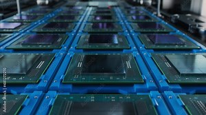 Macro Shot of Rows of Computer Processors on Production Line on Electronics Factory. Microchip Production Process.