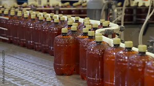 Beer in brown plastic bottles on the conveyor. Shop for bottling beer in a brewery. Shop for bottling and packaging beer. Fresh beer in a plastic container moves on a conveyor belt close-up.