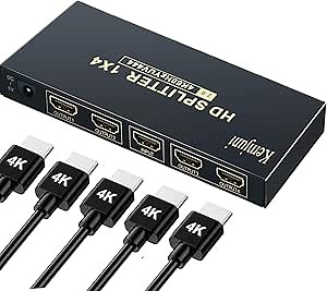 HDMI Splitter 1 in 4 Out, 4K @ 60Hz HDMI Cable Splitter 4 Ports, w/AC Adapter HD Distributor Ultra Monitor for PS4 PS3 Fire Stick TV HDTV- Adapter Included