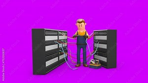3D Rendered Animated Scene Of Cartoon Technician Fixing Database Center by Connecting Electricity Wires.