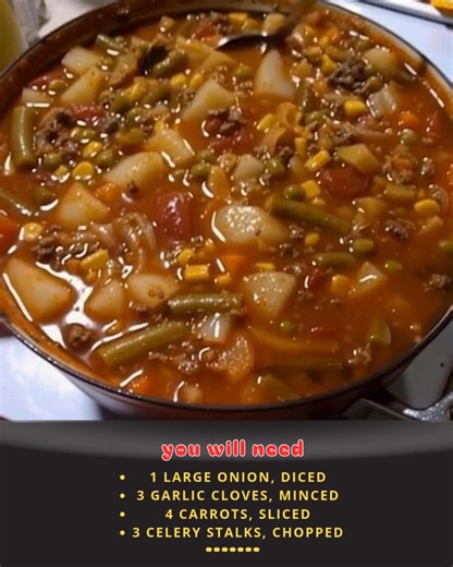 Best Ever Vegetable Beef Soup 🥩🥕 A bowl of pure comfort! This Best Ever Vegetable Beef Soup is hearty, wholesome, and packed with tender beef colorful veggies. Perfect for chilly days! 🍲 🥩 Ingredients 1 ½ lbs beef stew meat (chuck roast or sirloin, cut into cubes) 2 tbsp olive oil 1 large onion, diced 3 garlic cloves, minced 4 carrots, sliced 3 celery stalks, chopped 3 medium potatoes, diced 1 cup green beans (fresh or frozen) 1 cup corn kernels (fresh, frozen, or canned) 1 cup peas (fresh o
