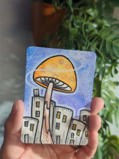 Shroom City at night. #aceo #artcard #artistsoftiktok #mushroom #weirdart
