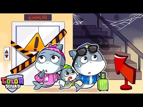 Family Shark, What's in Fire Escape? | Elevator Is Broken | Kids Safety Tips | Color Squad Cartoons