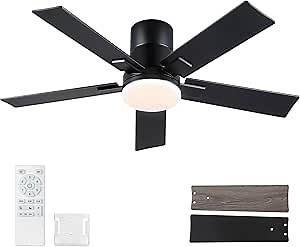 Rayqueen 42 Inch Ceiling Fans with Lights and Remote, Flush Mount Black Ceiling Fan, 6 Speed Reversible DC Motor, 3CCT Dimmable LED-Low Profile Design for Bedroom, Living room & Covered Outdoor