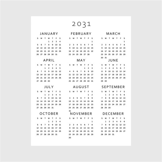 2031 Year at a Glance Calendar Printable | Full Year One Page | A4, A3, US Letter, Tabloid | PDF Download | Minimalist Monday & Sunday Start - Etsy