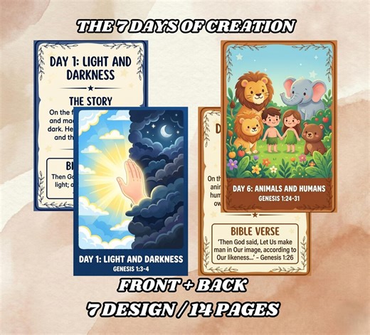 7 Days Creation Flashcards, Bible Story Activity, Genesis Learning (PDF) - Etsy