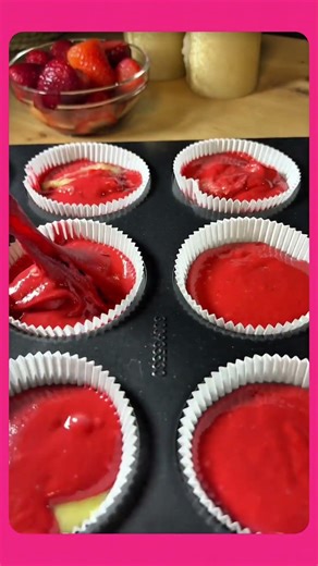 Red muffin batter baked to perfection,filled in the center with fresh strawberries and creamy cheese