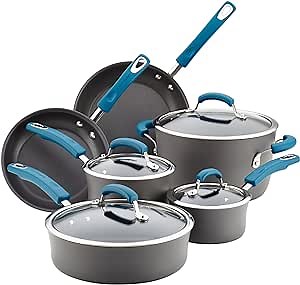 Rachael Ray Brights Hard Anodized Nonstick Cookware Pots and Pans Set, 10 Piece, Gray with Marine Blue Handles