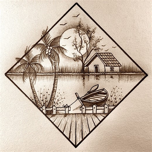 Satisfying river view scenery drawing in rhombus #riverview #landscapeart | Md. Takbir Hossain