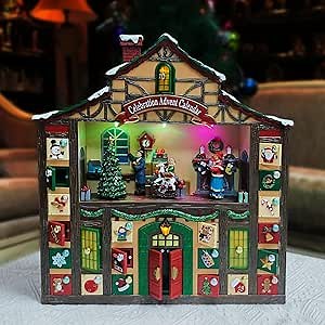 Christmas Decor Animated Advent Calendar House, Tabletop Decor with LED Lights and Christmas Music - Power Adapter (included) (16.2"H x 15.4"W x 3.7"D) BO, 3 AA batteries not included.