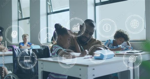 Teacher leaning and pointing, initiating animated learning icons guiding student writing worksheet