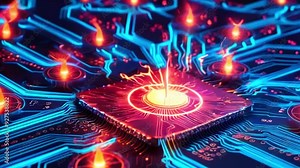 A glowing, red and blue circuit board with a central processing unit (CPU) surrounded by flames.