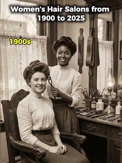 Women’s Hair Salons from 1900 to 2025 #hairsalon #ai #evolution 🕯️ 1900 Hair salons in 1900 were quiet and simple places. Wooden chairs, gas lamps, and hand scissors were used for every style. All work was done slowly and carefully by hand. 🪞 1910 By 1910, salons became more elegant. Large mirrors and decorated rooms appeared, and hair styling started to represent beauty and class, not just basic care. 💇‍♀️ 1920 In the 1920s, short bob cuts and waves became popular. Hairstyles changed the ima
