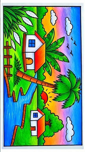 Easy River Scenery drawing with Tree | Beautiful Village Landscape Drawing Step by Step | Drawing