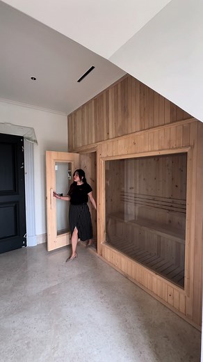 Custom made sauna room to fit the classic mansion look with deinty profile, the purpose of having big glass is for the owner enjoying TV from outside of this cubicle #interiordesign #americanclassicmansion #classicmansion #homefurniture #saunaroom