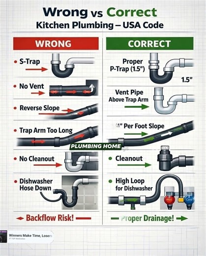 🚰🏠 𝗪𝗥𝗢𝗡𝗚 𝘃𝘀 𝗖𝗢𝗥𝗥𝗘𝗖𝗧 – 𝗞𝗜𝗧𝗖𝗛𝗘𝗡 𝗣𝗟𝗨𝗠𝗕𝗜𝗡𝗚 (𝗨𝗦𝗔 𝗖𝗢𝗗𝗘) 🏠🚰 (Save Your Home from Backflow, Odor & Costly Repairs!) ━━━━━━━━━━━━━━━━━━ ❌🔴 𝗪𝗥𝗢𝗡𝗚 𝗞𝗜𝗧𝗖𝗛𝗘𝗡 𝗣𝗟𝗨𝗠𝗕𝗜𝗡𝗚 𝗣𝗥𝗔𝗖𝗧𝗜𝗖𝗘𝗦 These mistakes VIOLATE plumbing codes and cause frequent blockages 👇 🚫 𝗦-𝗧𝗥𝗔𝗣 ➡️ Creates siphoning ➡️ Drains water seal ❌ ➡️ Sewer gas smell 😷 🚫 𝗡𝗢 𝗩𝗘𝗡𝗧 ➡️ Negative pressure ➡️ Slow drainage & gurgling sounds 🔊 🚫 𝗥𝗘𝗩𝗘𝗥𝗦𝗘 𝗦𝗟𝗢𝗣𝗘 ➡️ Water fl
