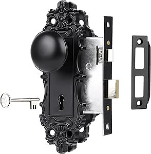 Mortise Lock Set for Interior Door, Matte Black Door Knob with Lock and Skeleton Key, Antique Old Style Door Knob Lock Replacement, Vintage Mortise Door Knobs for Interior Doors