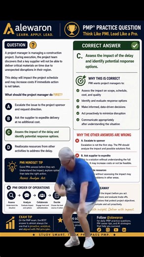 This PMP question teaches one of the most important PMI principles… When a major project issue happens, most PMs panic and immediately: ❌ Escalate ❌ Demand action ❌ Reassign resources But PMI wants project managers to think strategically FIRST. Before acting, great PMs: ✅ Assess the impact ✅ Explore response options ✅ Analyze trade-offs ✅ Protect project objectives The PMP exam rewards calm, data-driven leadership — not reactive decision-making Follow @alewaron for daily PMP practice questions, 
