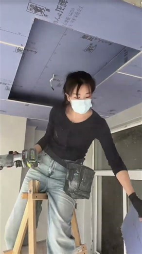 Precise cutting on gypsum ceiling,shaping panels neatly for a perfect interior finish #construction