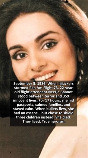 September 5, 1986. When hijackers stormed Pan Am Flight 73, 22-year-old flight attendant Neerja Bhanot stood between terror and 359 innocent lives. For 17 hours, she hid passports, calmed families, and stayed calm. When bullets flew, she had an escape—but chose to shield three children instead. She died. They lived. True heroism. #NeerjaBhanot #TrueHero #Courage #PanAmFlight73 #NeverForget #inspiration DISCLAIMER:⚠️ DISCLAIMER: This video uses AI-generated imagery and animation to visualize hist