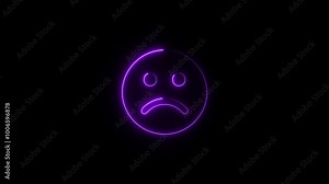 Neon glowing sad smile icon animation. neon sad emoji icon.a symbol of a frowning face with down turned eyebrows and a mouth turned downward concept.