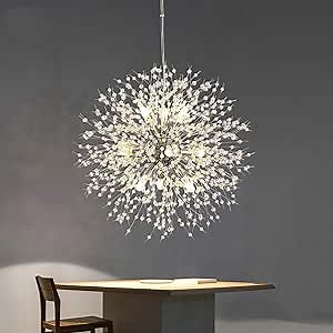 Qamra Modern Crystal Chandeliers, Chrome Firework Dandelion Sputnik Chandelier Light Fixture Pendant Lighting for Dining Room, Bedroom, Kitchen, Living Room(9-Light, Chrome)