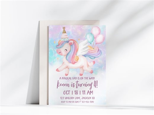 Unicorn Birthday Invitation, Pastel Rainbow Unicorn Birthday Invites, Whimsical Girl Birthday, Canva Template, Digital Download - Etsy