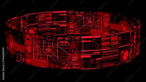 Ring futuristic maps, schemes and diagrams of the future. 3D animation.