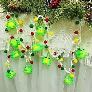 Cute Frog Night Lights Frog Fairy String Lights with Pompoms Tassel Battery Operated Frog Lamp for Children Bedroom Home Holiday Decortion (Frog+Pompoms Tassel)