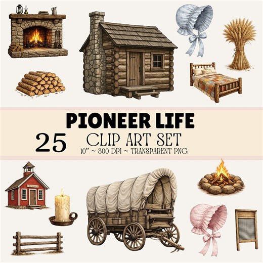 Pioneer Life Clip Art Set – 25 Rustic Homestead Illustrations, Log Cabin, Covered Wagon, Fireplace, Prairie Elements, Transparent PNG - Etsy