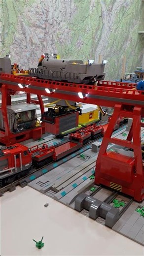 Red Lego crane moving containers to lego train! #lego #afol #legomoc #legotrain #legomonorail