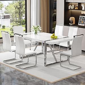 Amazon.com - White Dining Table Set for 6，Rectangular MDF Kitchen Table and Leather Dining Chairs Set of 6, White 7 Piece Dining Room Table Set，Modern Metal Frame Dinner Table Set 6 with Metal Frame For Kitchen - Tables