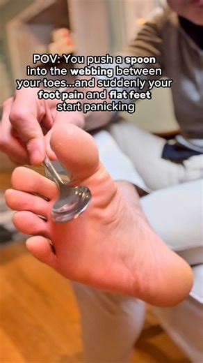 Jeremiah Jimerson on Instagram: "Fix flat feet & foot pain by releasing toe webbing fascia If you push a spoon into the webbing between your toes, you’re releasing fascia that gets sticky, rigid, and glued over time. When the toes can’t separate, the arch collapses — leading to foot pain, plantar fasciitis, and “flat feet” that many people think are genetic. Fascia is more than connective tissue — it’s a neurological communication network. Releasing stuck fascial webbing sends signals up the sen