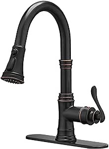 Homevacious Oil Rubbed Bronze Kitchen Faucet with Pull Down Sprayer 3 Spray Modes Vintage Single Handle Antique Brass Sink Faucet 1 or 3 Hole with Deck Plate Supply Lines for Farmhouse Camper Rv Bar