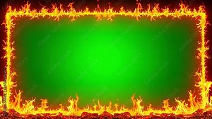 Dynamic fiery border frames vibrant green screen for explosive video effects and intense visual action