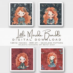 Little Merida Seamless Pattern Bundle, Brave Princess Merida Instant Download, Little Princess Merida Girl Room, Nursery Watercolor Art Gift - Etsy